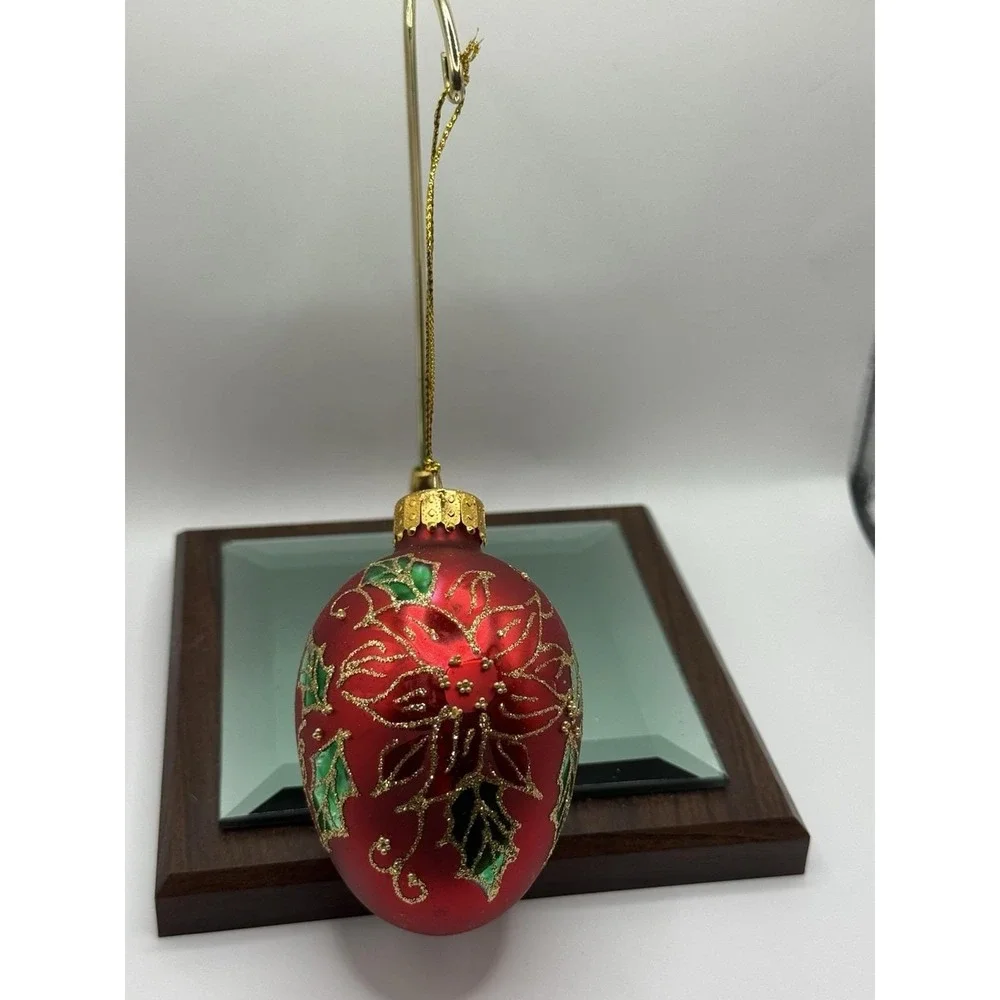 Dept‎ 56 Hand Crafted Glass Egg Ornament RED poinsettia Gold Glitter